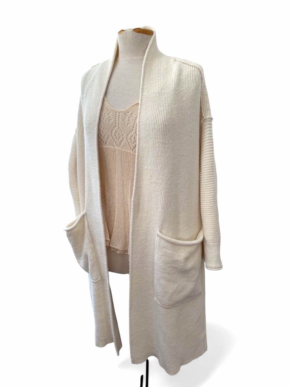 Free People Cream Ribbed Open-Front Long Cardigan Sweater medium Weight Size M